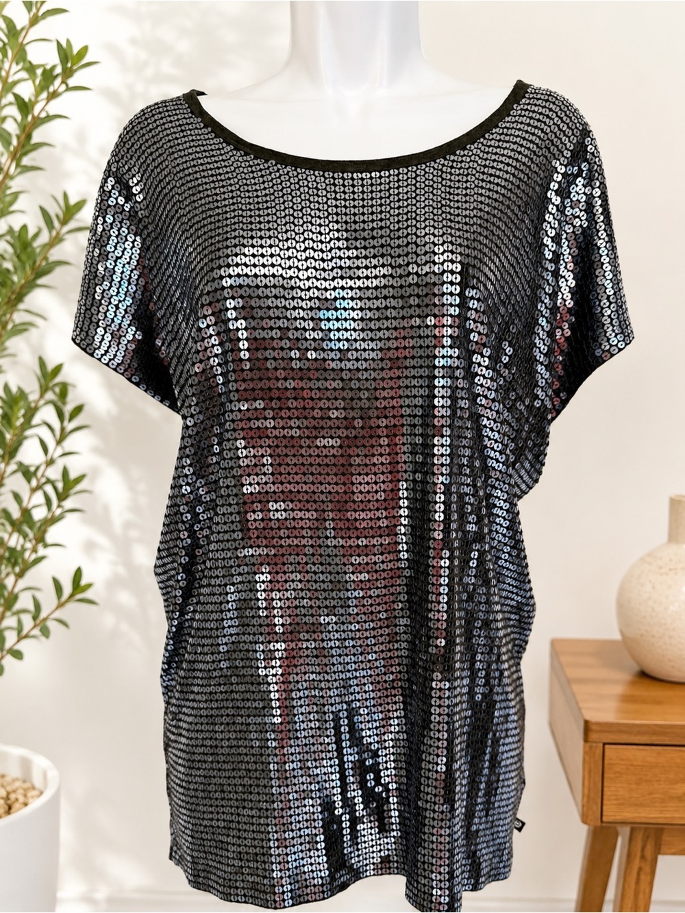 Michael Kors Designer Metallic Grey Full Sequined Front Tunic/ Top/Cover Up